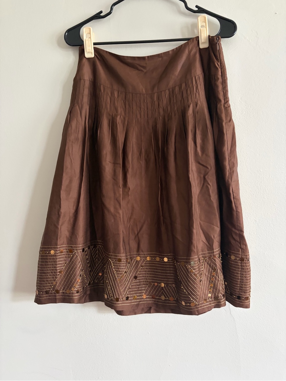 Brown Silk Gold Embroidered and Sequined A-Line Skirt